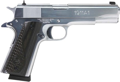 Iver Johnson 1911A1 38 Super - 5" FS 9RD Chrome Black Wood - Image 2