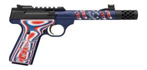 Browning 051615490 Buck Mark Freedom 250 SR 22 LR 10+1 5.90" Waving Flag Threaded Barrel, Blue Anodized Serrated w/Picatinny Rail Aluminum Receiver, Red/White/Blue G10 Grip