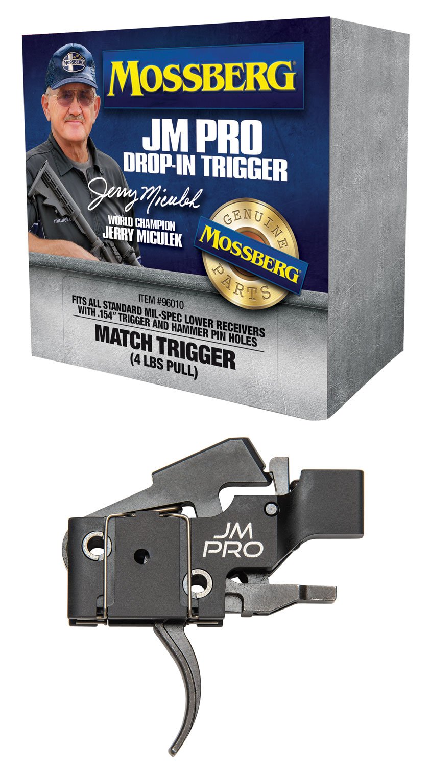 Mossberg 96010 JM Pro Adjustable Match AR Drop-In Trigger, Fits AR15s & AR10s w/.154" Trigger & Hammer Pin Holes, Factory-Set 4 Pound Pull Weight