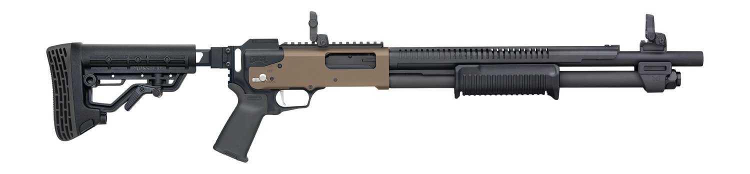 Mossberg 50233 590R 12 Gauge Pump 3" 6+1 18.50" Black Parkerized Integrated Heat Shield Barrel, Flat Dark Earth Cerakote Receiver w/Picatinny Rail, Black Chisel Folding Synthetic Stock, Black Magpul