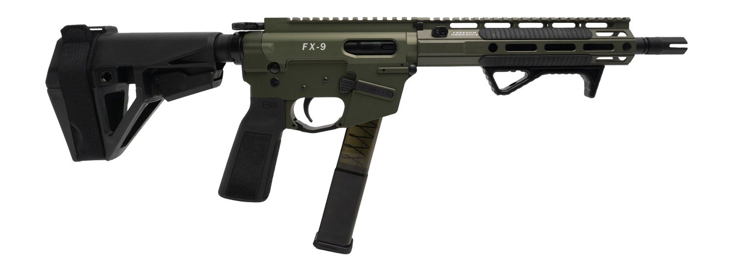 Freedom Ordance FX9P10E-ODG FX9P Elite 9mm Luger 10" Black Nitride Threaded Barrel, OD Green Anodized Aluminum Receiver w/Picatinny Rail, M-LOK Handguard, Black Polymer SB Tactical SBA5 Brace, Black P