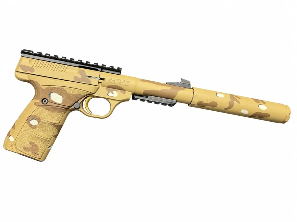 Cerakote desert multicam Browning Buck Mark .22 pistol with suppressor