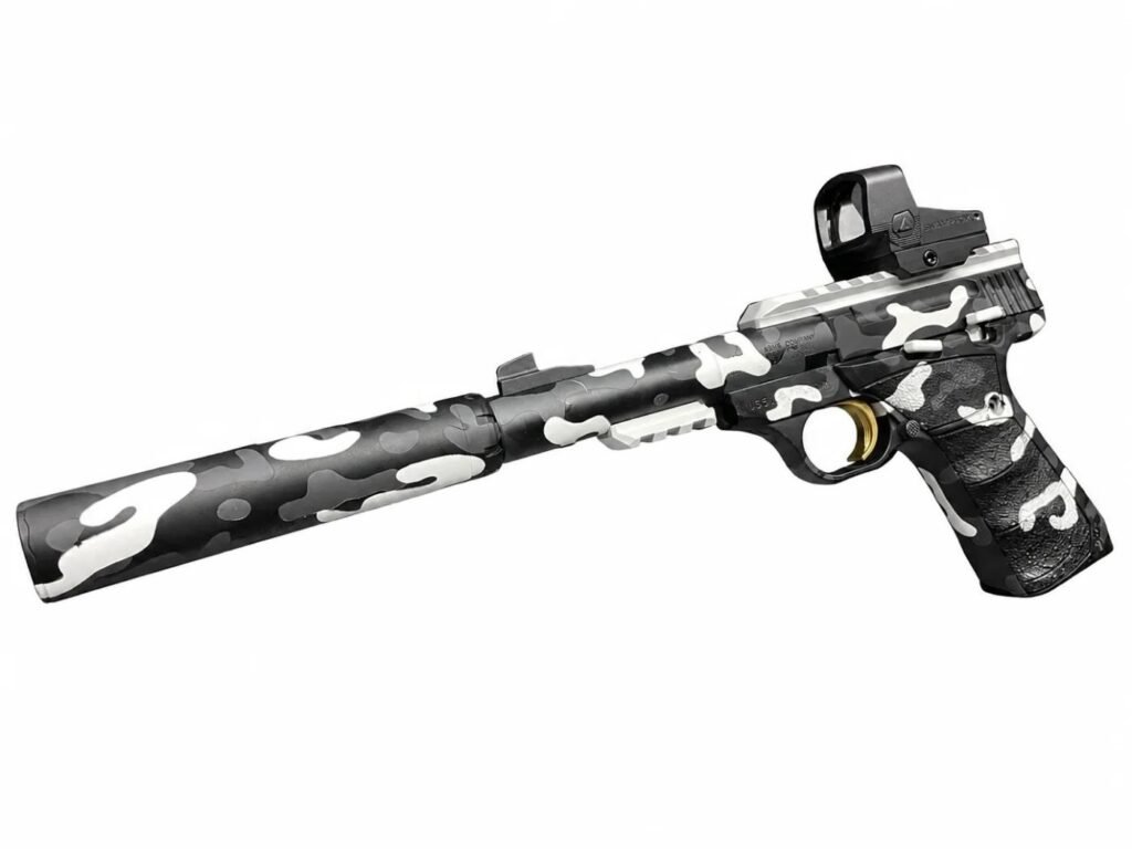 Cerakote arctic black and white camo Browning Buck Mark .22 pistol with suppressor and Swampfox red dot